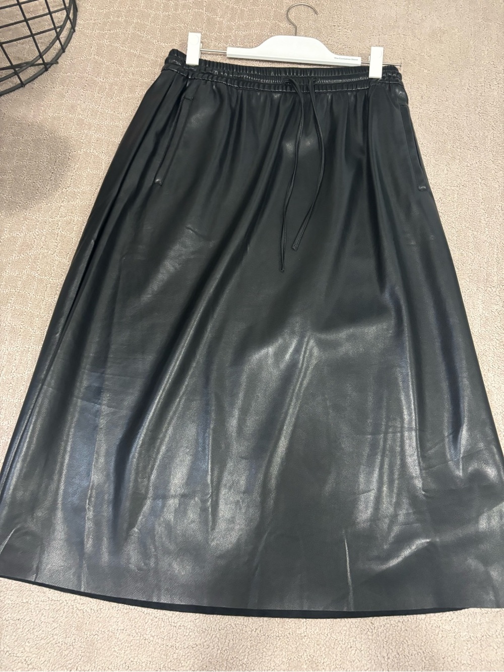 GAP Black Vegan Leather Midi Skirt with Drawstring Waist